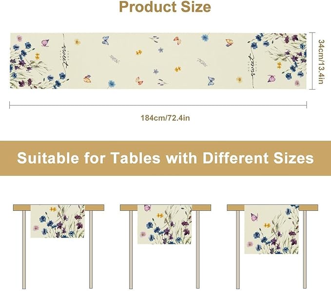 Blue Floral Table Runner, Spring Summer Watercolor Wildflower Butterfly Country Farmhouse Coffee Table Center Decor for Home Kitchen Dining Patio Holiday Party Table Decorations 13x36 inches