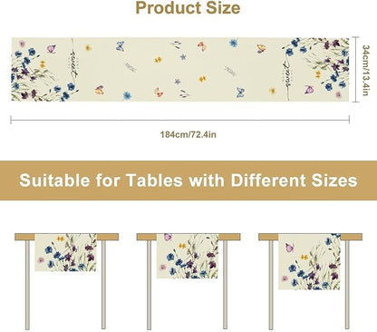 Blue Floral Table Runner, Spring Summer Watercolor Wildflower Butterfly Country Farmhouse Coffee Table Center Decor for Home Kitchen Dining Patio Holiday Party Table Decorations 13x36 inches
