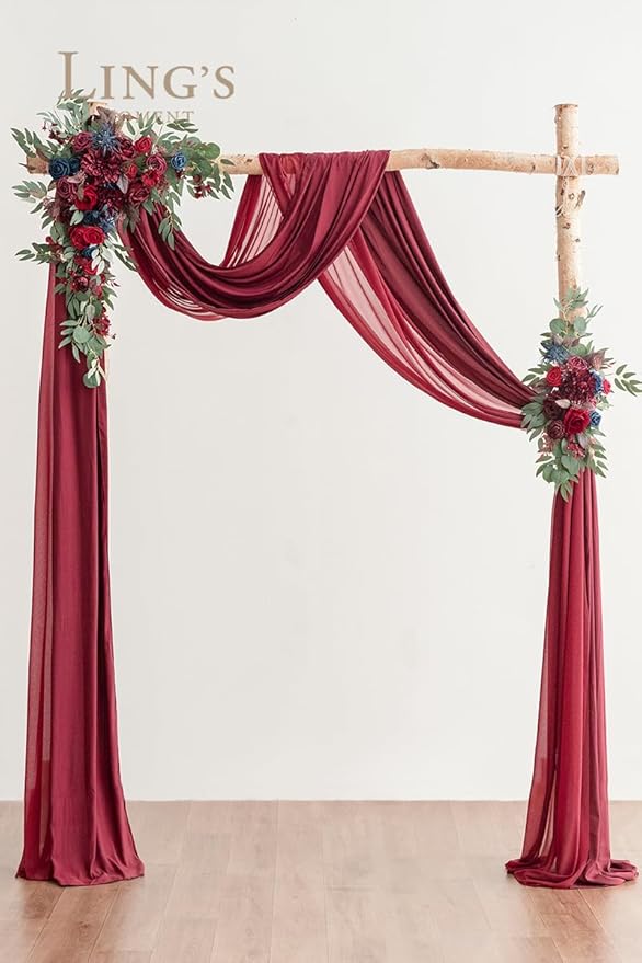 Ling's moment Burgundy Artificial Wedding Arch Flowers Kit Pack of 4, 2pcs Hanging Flower Arrangement 2pcs Chiffon Drapes Ceremony Reception Fake Rose Arbor Backdrop Floral Party Outdoor Decorations