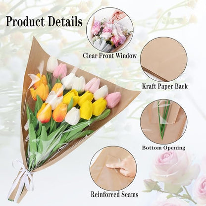 HSONAIGEE 50 Pieces Flower Bouquet Wrapping Paper, 15.8 x 13.8 x 3.9 Inch Flower Bags for Bouquets Kraft Floral Wrap Sleeves with Ribbons for Home Mother’s Day Wedding Flower Bar Supplies