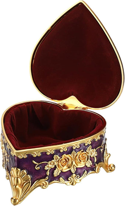 Hipiwe Decorative Jewelry Box Purple Vintage Jewelry Storage Case with Rose Pattern Heart Shaped Treasure Chest Box for Earrings Ring Necklace Keepsake Organizer