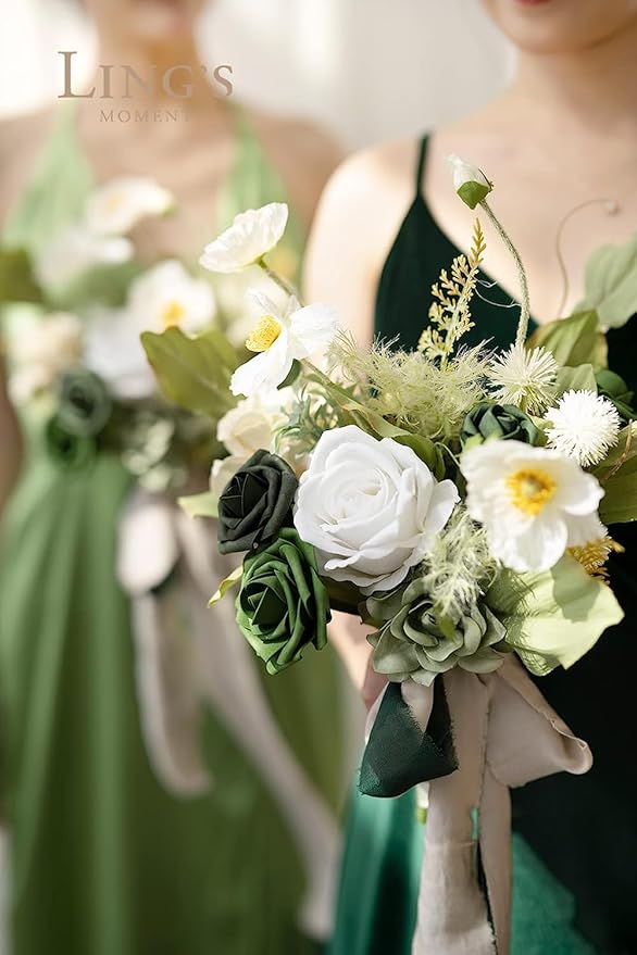 Ling's moment Artificial Flowers, 50Pcs 3" Roses in Emerald Green Shades, Realistic DIY Foam Floral Fill for Wedding Bouquets/Centerpieces, Outdoor Party Backdrops, Room/Table, Garden/Pot Decorations