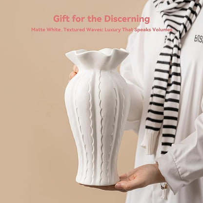 Sculptural Lily Vase - White Matte Ceramic with Ruffled Rim & Wave Texture, 10.2" Unique Flower Vase for Pampas Grass/Centerpieces, Decorative Vase for Living Room/Office, Ideal Gift for Art Lovers