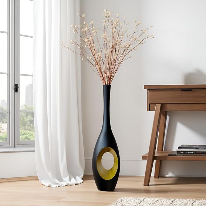 23.6 in Black Floor Vase – Modern Oval Tall Floor Vase with Gold Cutouts & Slim Neck, Decorative Vases for Luxury Home, Office, Wedding Decor – Resin Tall Vases