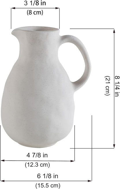 Off White Ceramic Vase with Handle, Pitcher Vases for Modern Farmhouse Home Decor, Small Pottery Flower Jug for Living Room Bedroom Kitchen Office Shelf Decor Centerpiece Table Decoration