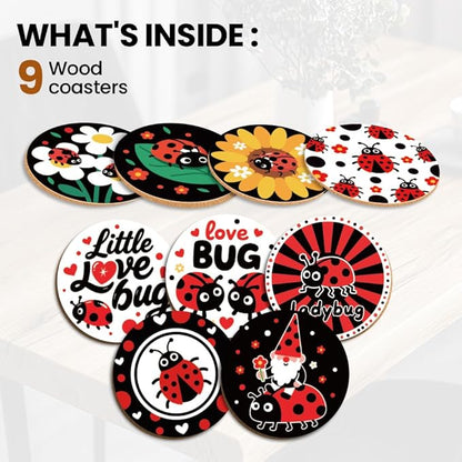 ANATTASOUL Coasters Set of 9 Ladybug and Flowers Pattern Colorful Wooden Coasters Bulk Round Housewarming Gift for New Home, 3.9" Decorative Coffee Table Protection for Farmhouse Bar House Decor