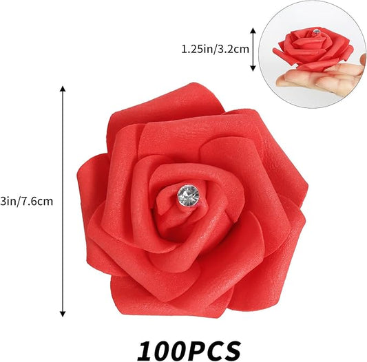 IPOPU 100pcs Red Foam Rose Artificial Flower Bulk with Crystal 3in Real Looking Stemless Fake Roses for DIY Craft Wedding Bouquets Wall Decoration Bridal Shower Arrangement Home Decorations(Red)
