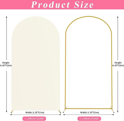 Putros 6.6ft Metal Arch Stand with Cover Ivory Spandex Fitted Wedding Arch Cover and Round Top Chiara Backdrop Stand Set for Birthday Party Baby Shower Decoration