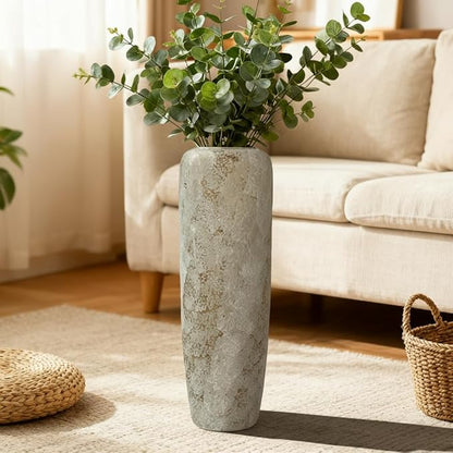23.6 Inch Rustic Ceramic Tall Floor Vase, Slim Tapered Rustic Farmhouse Vase for Dried Stems & Pampas, Neutral Beige Decorative Vase for Living Room
