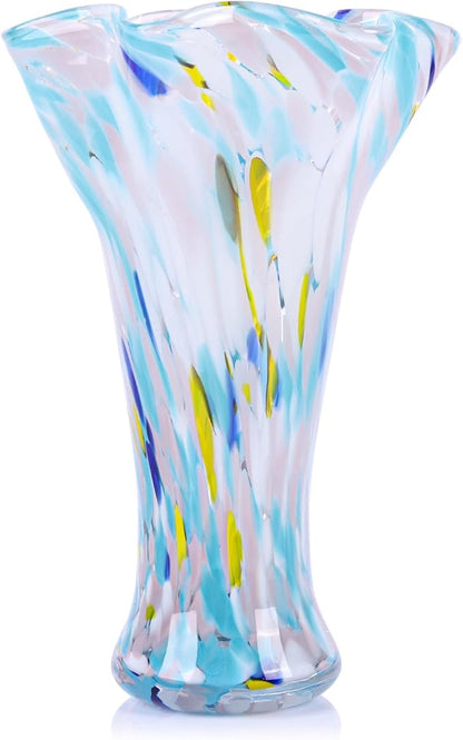 9.0" H Blue Glass Vases for Flowers, Unique Hand Blown Glass Vase Blue Home Decor, Wide Mouth Colorful Flower Vase Centerpieces, for Living Room Table Bookshelf, Bathroom Office Shelf Decorative