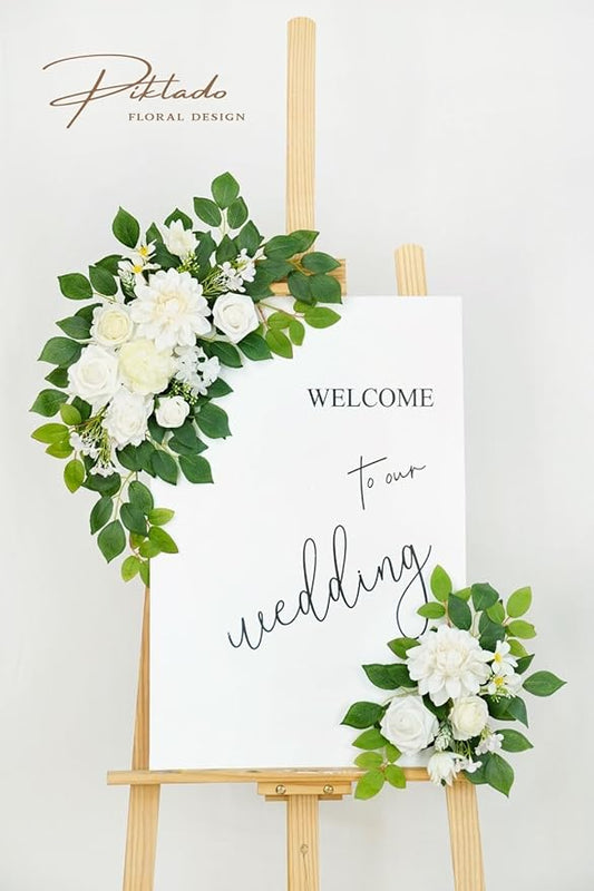 Wedding Decor (Pack of 2) Welcome Sign Flower Backdrop Garland for Ceremony Reception Wall Easel Home Decoration Entryway Faux Outdoor Board Head Table Decor (White)