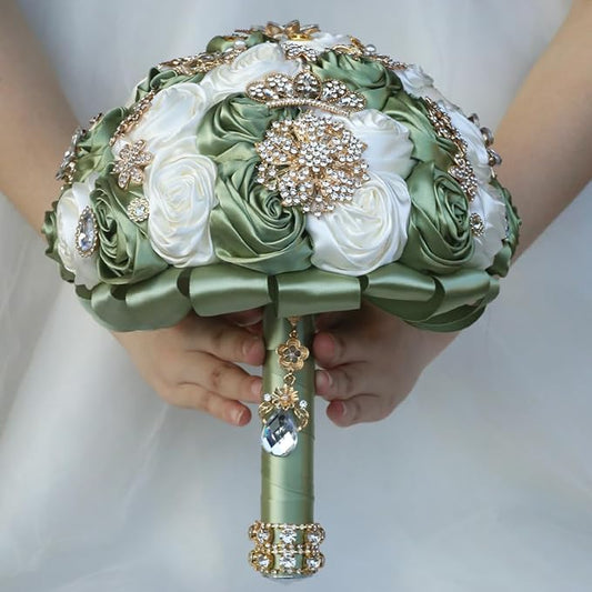 Handmade Satin Rose Floral Bling Pearl Decor Bridal Wedding Bouquet Rhinestone Pendant Artificial Brooch Flowers for Bride Bridesmaid Quinceanera