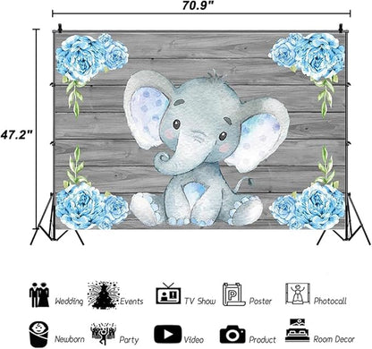 AOFOTO 6x4ft Flowers Wooden Elephant Backdrop Blue Baby Boy Gender Reveal Party Decorations Sweet Floral Baby Shower Photo Shoot Background for Photography Kid Child Birthday Photo Studio Props Vinyl