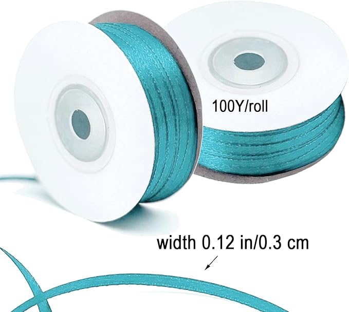 Teal Satin Ribbon - 200 Yards x 1/8-Inch,Teal Ribbons for Gift Wrapping/DIY Bows Decoration/Sewing(100 Yards x 2)