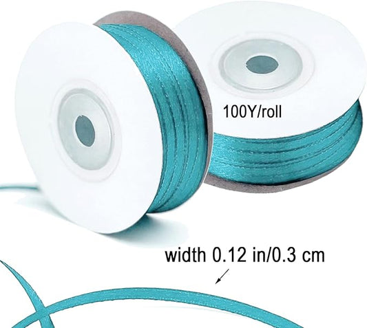 Teal Satin Ribbon - 200 Yards x 1/8-Inch,Teal Ribbons for Gift Wrapping/DIY Bows Decoration/Sewing(100 Yards x 2)