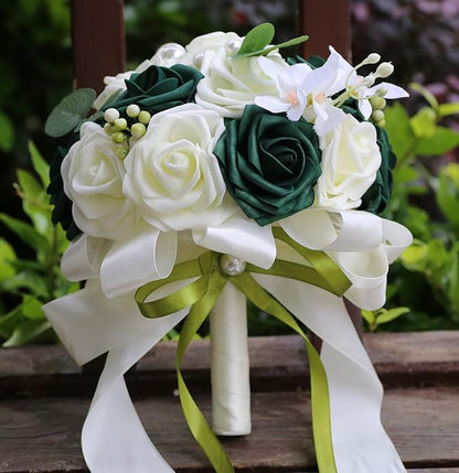 Lightweight Bridal Wedding Bouquet Round Holding Bouquet Throw Toss Artificial Rose Flower Bunch for Bride Bridesmaid Wedding Quinceanera (Cream & Dark Green, 6.7")