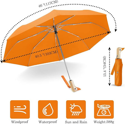 Cute Duck Umbrella Automatic - Compact Pretty Pocket Size Strong Duck Collapsible Umbrella Yellow Wooden Handle for Women
