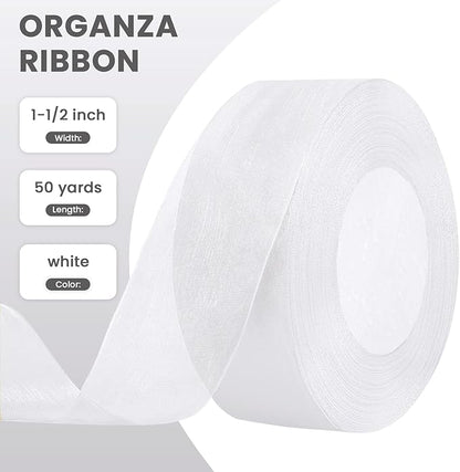 1-1/2 Inch White Sheer Organza Ribbon for Bow Making, Gift Wrapping, Christmas Decoration, 50 Yards/Roll