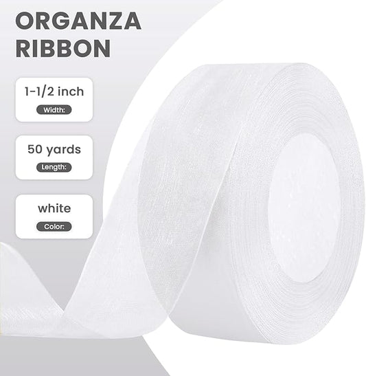 1-1/2 Inch White Sheer Organza Ribbon for Bow Making, Gift Wrapping, Christmas Decoration, 50 Yards/Roll