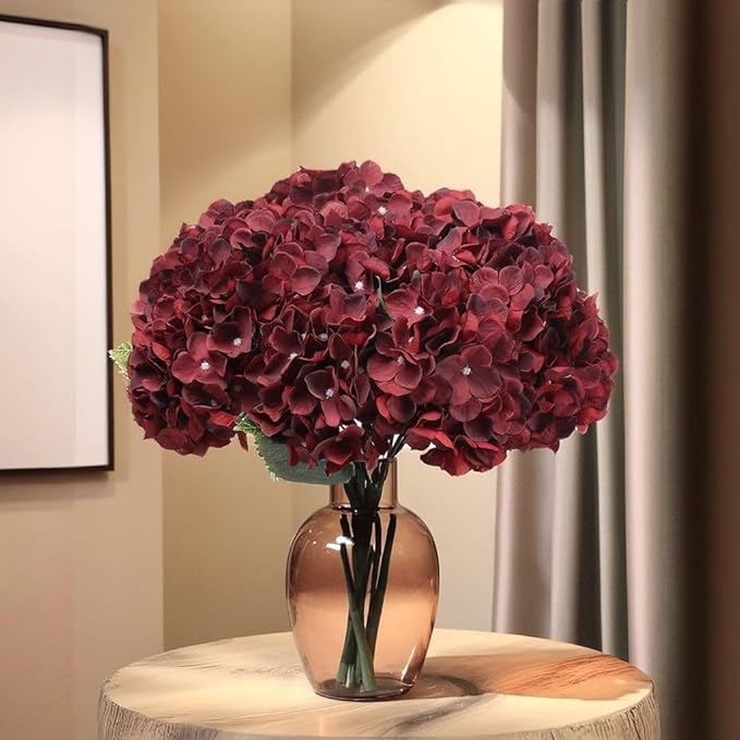 2Bouquets Artificial Fake Flowers Plants Silk Hydrangea Arrangements Wedding Bouquets Decorations Plastic Floral Home Kitchen Garden Party Festival Bar DIY (Dark Red,5 Flower Heads)