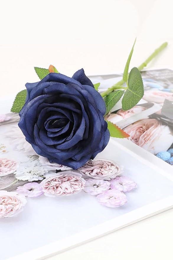 Artificial Rose Flower Navy Blue Flowers Navy Blue Roses Silk Flowers 50 pcs with Long Stem Silk Roses Bouquet for Wedding Bridal Shower Party Home Decoration