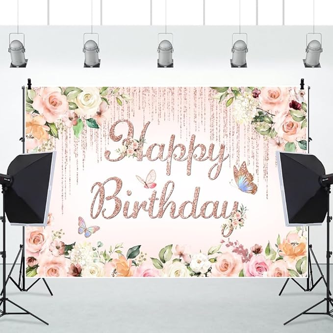 ChloropLastid 5x3ft Pink Floral Birthday Backdrop Rose Gold Glitter Flower Blossom Butterflies Happy Birthday Photography Background for Girls Princess Bday Party Decorations Banner Photo Props