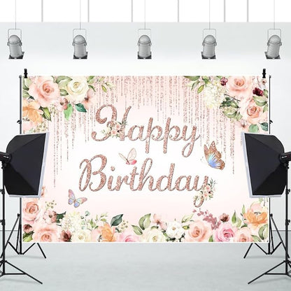 ChloropLastid 6x4ft Pink Floral Birthday Backdrop Rose Gold Glitter Flower Blossom Butterflies Happy Birthday Photography Background for Girls Princess Bday Party Decorations Banner Photo Props