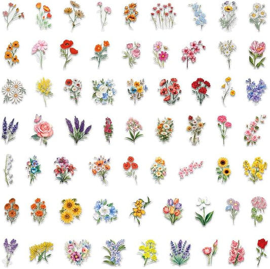60 Pcs Watercolor Flower Sticker, Self-Adhesive Flowers Stickers Transparent Waterproof PET Floral Decals for Journaling, Scrapbooking, Laptop, Guitar, Water Bottle, Phone Case Aesthetic Decoration