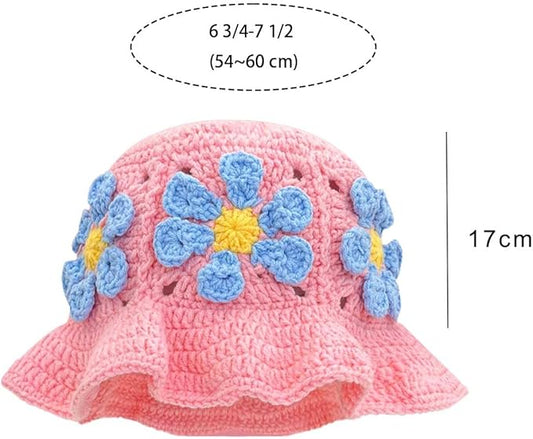 Crochet Bucket Hat for Women Flower Knit Hat Hollow Out Foldable Cap Hats