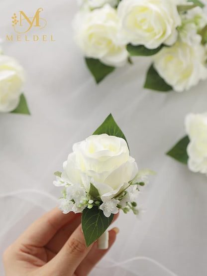 Meldel White Boutonniere for Men Wedding,Set of 6,Groomsmen Groom and Best Man Boutonniere for Wedding Prom, Rose Boutonniere for Men Wedding Ceremony Anniversary Party Homecoming