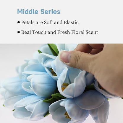 Buart Artificial Tulip in Bulk for Wedding Bridal Bouquet,Fake Flowers for Valentine's Day Mother's Day Easter Table Centerpieces Decorations(Light Blue,Real-Touch,12pcs)