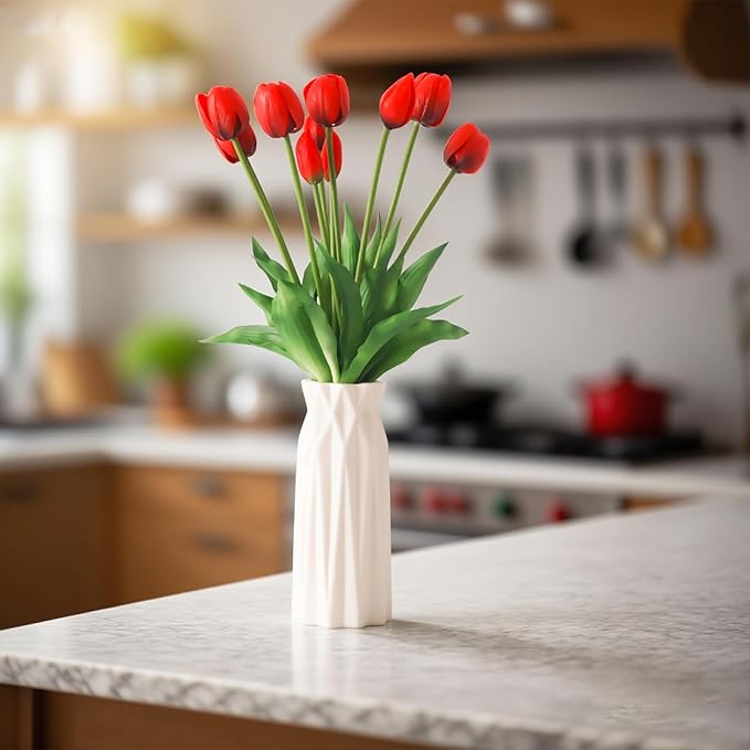 10 Pack Real Touch Tulips Artificial Flowers, 15.7 Inch Bendable Latex Tulips - No Maintenance Faux Flowers for Vase, Home Decor, Wedding Centerpiece (Red)