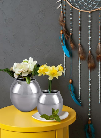 Serene Spaces Living Alerra Stainless Steel Vase, Round Modern Silver Flower Vase, Minimalist Metal Accent for Home, Office, Wedding, or Event Centerpieces, Ideal Gift, 6.5" Diameter & 6.5" Tall