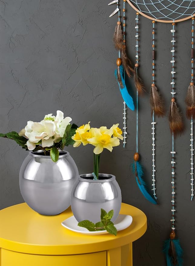 Serene Spaces Living Alerra Stainless Steel Vase, Round Modern Silver Flower Vase, Minimalist Metal Accent for Home, Office, Wedding, or Event Centerpiece, 4.5" Diameter & 4.5" Tall, Pack of 8