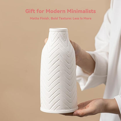 White Ceramic Vase with Chevron Texture - 8.6" Unique Flower Vase for Pampas Grass & Centerpieces, Decorative Boho/Farmhouse Vase for Living Room, Office Desk & Housewarming Gift (for Her/Yourself)