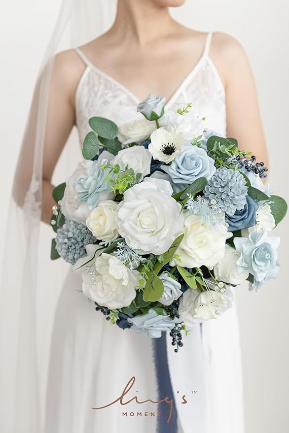 Ling's moment Dusty Blue Bridal Bouquet for Bride, Blue Wedding Bouquets for Bride, 9 Inch Silk Round Artificial Wedding Flowers Bouquets