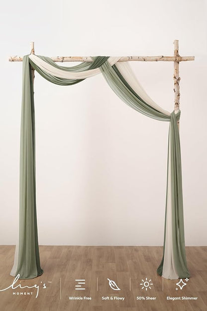 Ling's moment Wedding Arch Draping Fabric 3 Panels 20Ft Sage Green Chiffon Fabric,Sheer Hanging Drapes Arrangement for Wedding Ceremony Backdrop Outdoors Party Swag Home Decor (White & Sage)