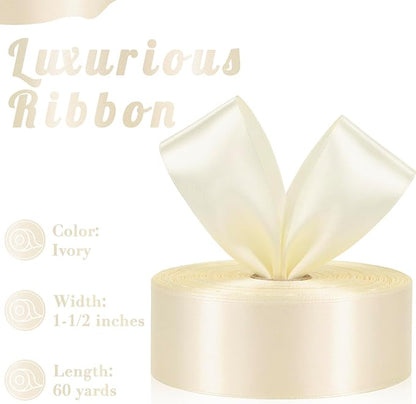 Ivory Ribbon 1-1/2 Inch, 60 Yards Single Face Cream Satin Ribbon for Gift Wrapping, Fabric Ribbon for Flower Bouquet Crafts Wedding Christmas Party