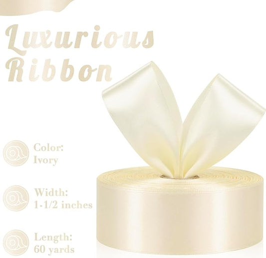 Ivory Ribbon 1-1/2 Inch, 60 Yards Single Face Cream Satin Ribbon for Gift Wrapping, Fabric Ribbon for Flower Bouquet Crafts Wedding Christmas Party