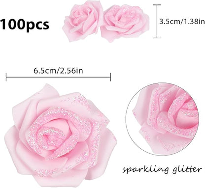 100pcs Light Pink Glitter Roses 2.56" Foam Glitter Flowers Fake Roses Pale Pink Flowers Artificial Roses for Bridal Shower Centerpieces DIY Wedding Flower Arrangements (Light Pink)