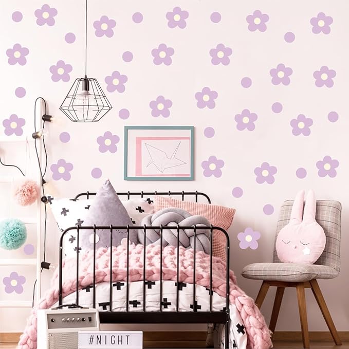 Daisy Flowers Wall Stickers – 180 Pcs Peel & Stick Removable Waterproof Vinyl Floral Wall Art Decals for Bedroom, Nursery & Playroom | A Simple Peel Brings Cheerful Pastel Charm (Soft Purple)