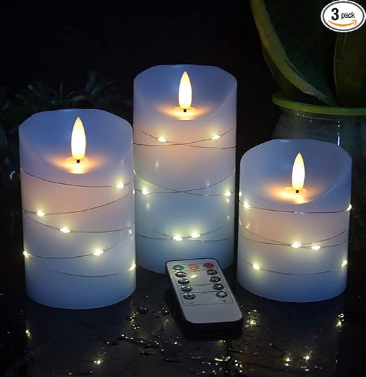 danip Sky Blue LED Flameless Candle with Embedded Starlight String, 3 LED Candles, 11 Key Remote Control, 24 Hour Timer Function, Dancing Flame, True Wax, Battery Powered. (Sky Blue)