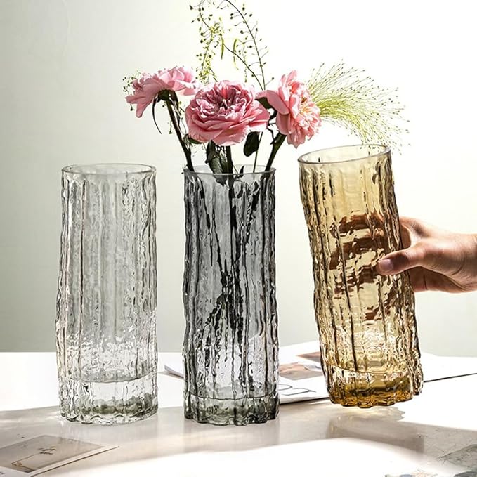 Clear Glass Vase Cylinder 7" Ribbed Thickened Flower Vase Crystal Vase for Modern Centerpieces Home Decor Living Room Bedroom Dining Table Office Wedding Decoration Gift (Amber)