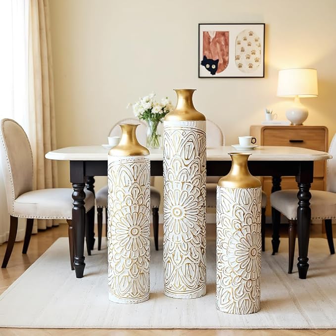 Floor Oversized Gold Metal Decorative Vase with 3D Triangle Pattern Set of 3 Large Vases for Home Living Room 33.5 ", 29.5 ", 25.2" High (White+Matte Gold)