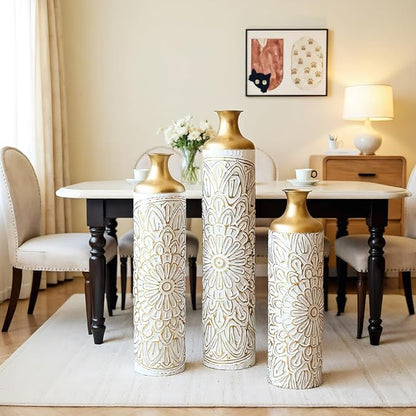 Floor Oversized Gold Metal Decorative Vase with 3D Triangle Pattern Set of 3 Large Vases for Home Living Room 33.5 ", 29.5 ", 25.2" High (White+Matte Gold)