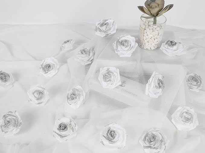 100pcs Stemless White Fake Foam Roses with Silver Glitter, 2.56" Artificial Roses for DIY Craft Baby Shower Centerpieces Wedding Flower Decor (White)