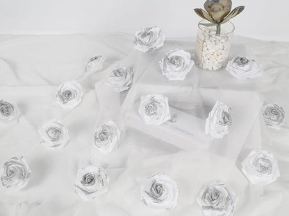 100pcs Stemless White Fake Foam Roses with Silver Glitter, 2.56" Artificial Roses for DIY Craft Baby Shower Centerpieces Wedding Flower Decor (White)
