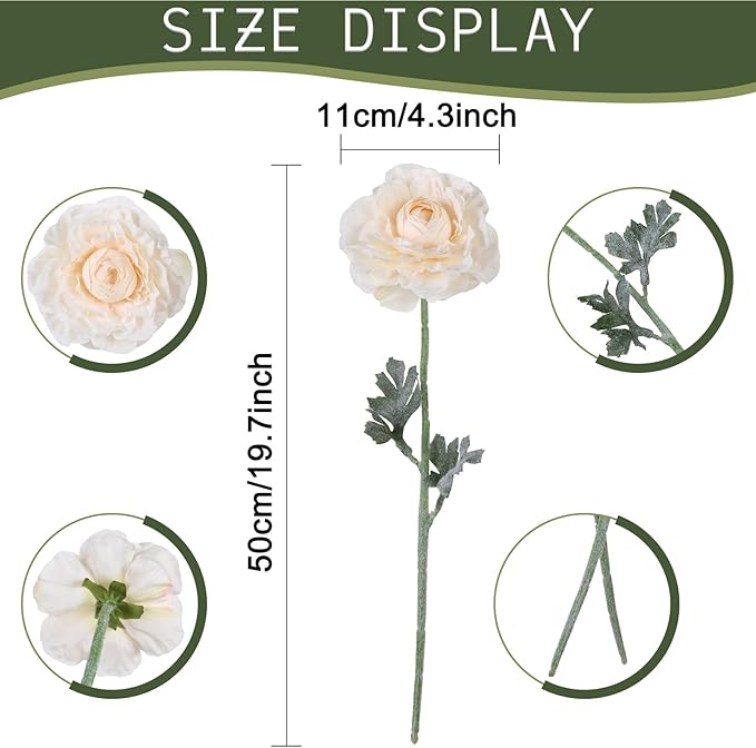 6Pcs Champagne Ranunculus Artificial Flowers 19.7’’ Realistic Faux Ranunculus Silk Peonies with Stems for Wedding Home Party Garden Outdoor Decoration(Champagne)