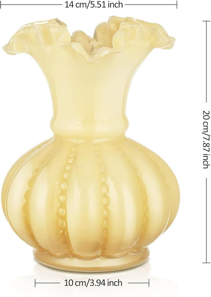 Joeyan Handmade Yellow Glass Flower Vase,7.9" Vintage Decorative Urn Vase for Centrepieces Bouquet Wedding,Colored Thickened Pedestal Vase Decorations for Rustic Home Living Room Office Farmhouse
