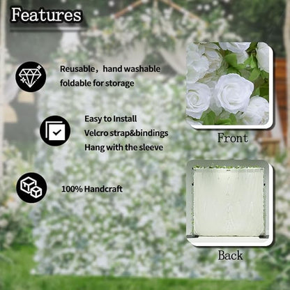 8x8ft(2 pcs of 4ftx8ft) Artificial Silk Fabric Flower Wall Cloth-Based Background 5D White Rose Fabric Rolling Up Floral Backdrop for Wedding Baby Shower Party and Home Decor
